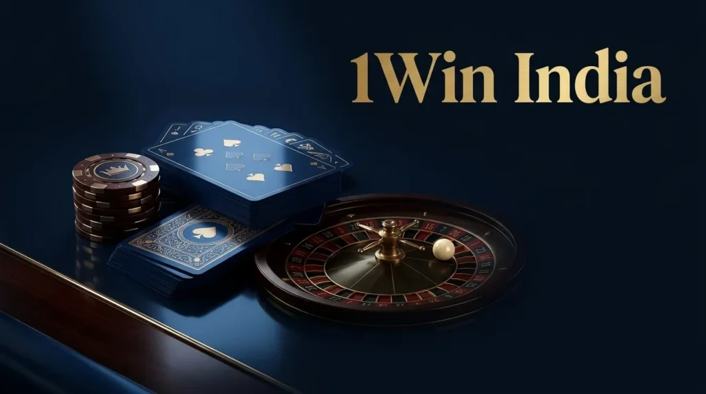 Roulette wheel, blue playing cards and casino chips on dark table with golden text '1Win India'