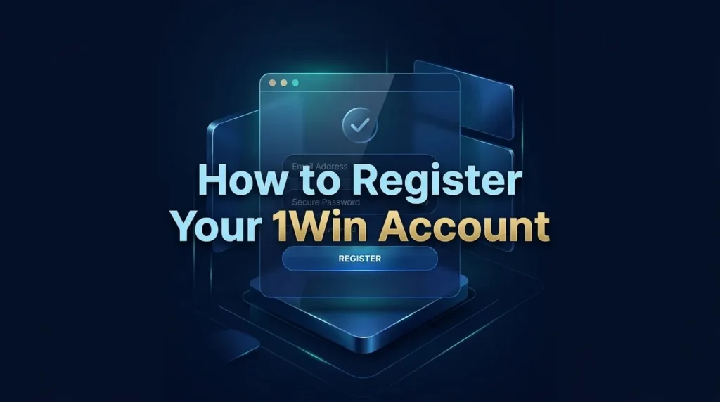 Digital holographic registration screen with text 'How to Register Your 1Win Account'